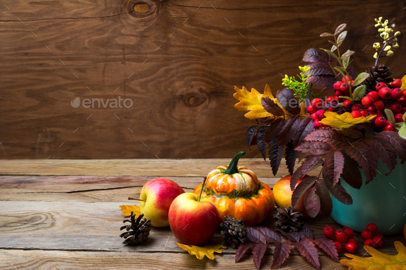 Thanksgiving arrangement with rowan in turquoise vase, copy spac - Stock Photo - Images
