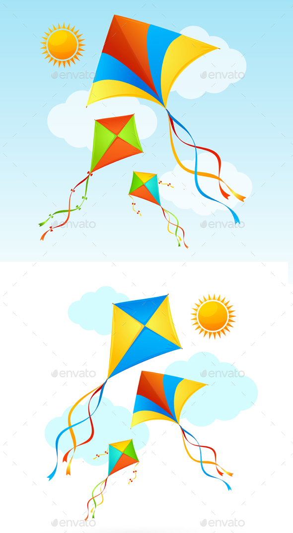 Flying Kite and Clouds on a Sky Summer Background - Backgrounds Decorative
