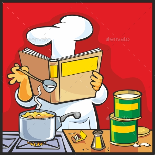 GraphicRiver Chef Preparing Soup and Reading Recipe Cookbook 20837656