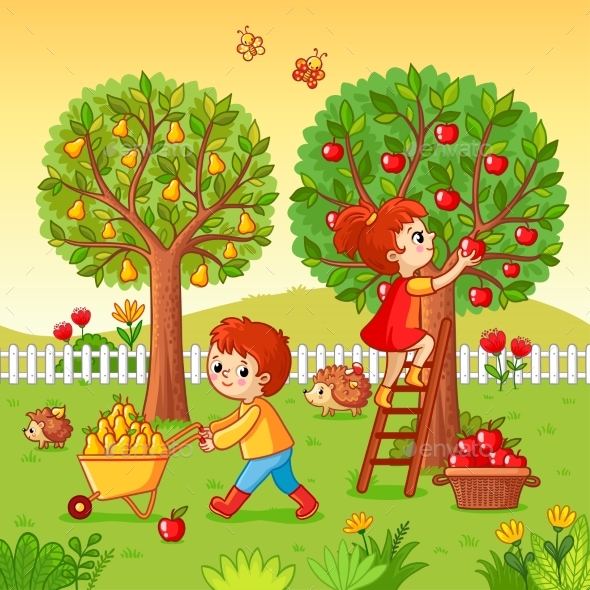 Boy and Girl Collect Fruit Harvest