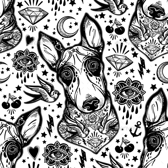 Flash Bull Terrier Dog Seamless Pattern and Eyes - Backgrounds Decorative
