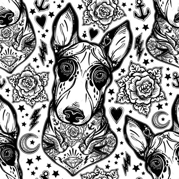Flash Bull Terrier Dog Seamless Pattern and Roses - Backgrounds Decorative