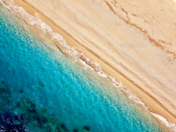 Top view of a deserted beach. The greek coast of the Ionian Sea
