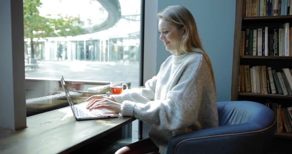 Woman in Comfortable Armchair Using Laptop alt