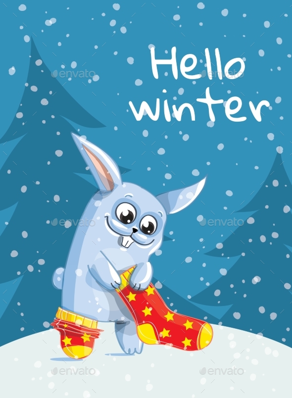 GraphicRiver The Bunny Puts Red Socks On Hello Winter 20839921