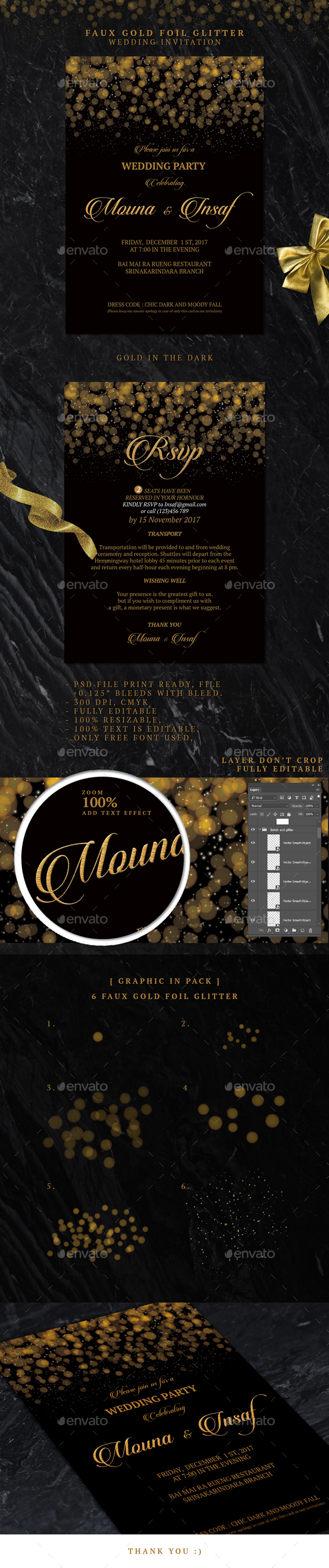 Faux Gold Foil Glitter Wedding Invitation - Weddings Cards & Invites