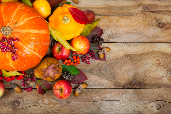 Thanksgiving background with pumpkin, yellow squash, apples, lea - Stock Photo - Images