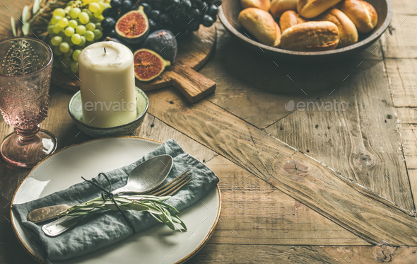 Fall holiday table decoration setting with copy space - Stock Photo - Images