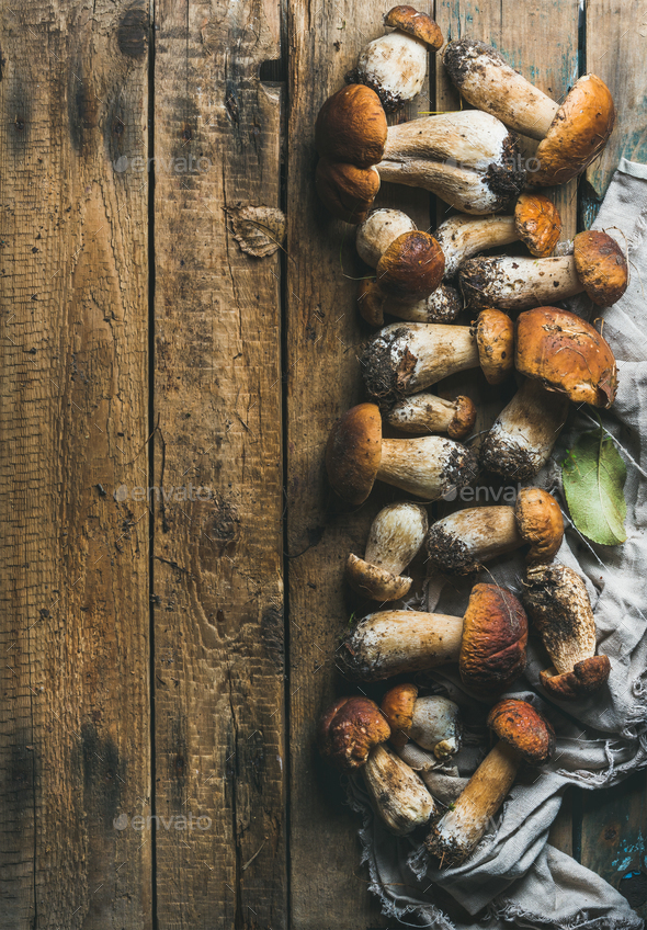 Fresh uncooked white forest mushrooms on wooden background - Stock Photo - Images