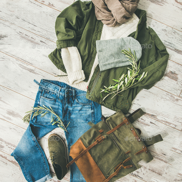 Flat-lay of Fall lady' s outfit on parquet, square crop - Stock Photo - Images