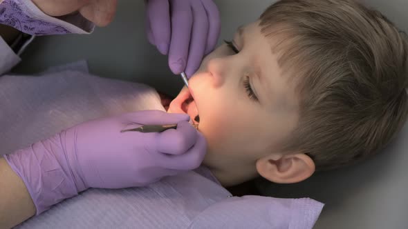 Female Dentist examining boy's teeth in clinic. A small patient in the dental chair