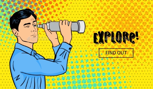 Pop Art Vector Man Looking in Spyglass - People Characters