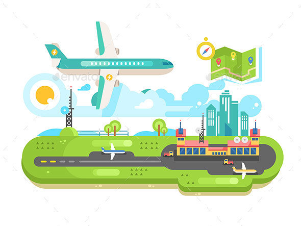 Airport Building Infrastructure with Plane - Miscellaneous Vectors