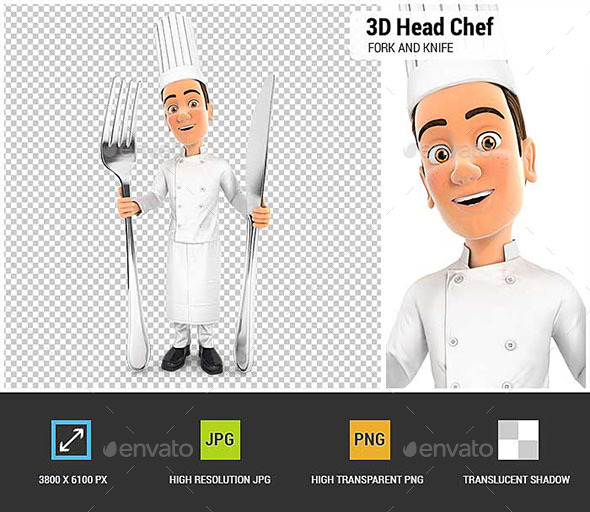GraphicRiver 3D Head Chef with Fork and Knife 20855354 GraphicRiver 3D Head Chef with Fork and Knife 20855354