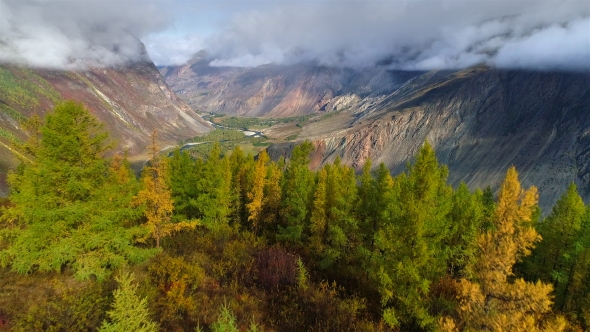 Aerial Footage. Flight Over of Valley, Mountains and River. Canyon in Altai
