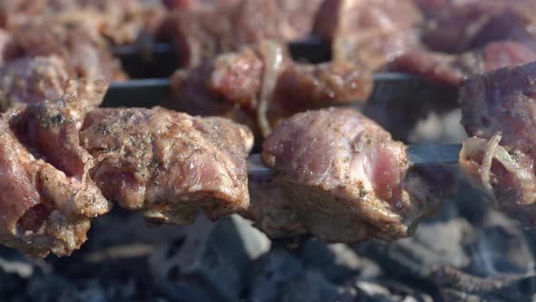 Juicy Grilled Pork Shish Kebab Cooked on Charcoal Grill