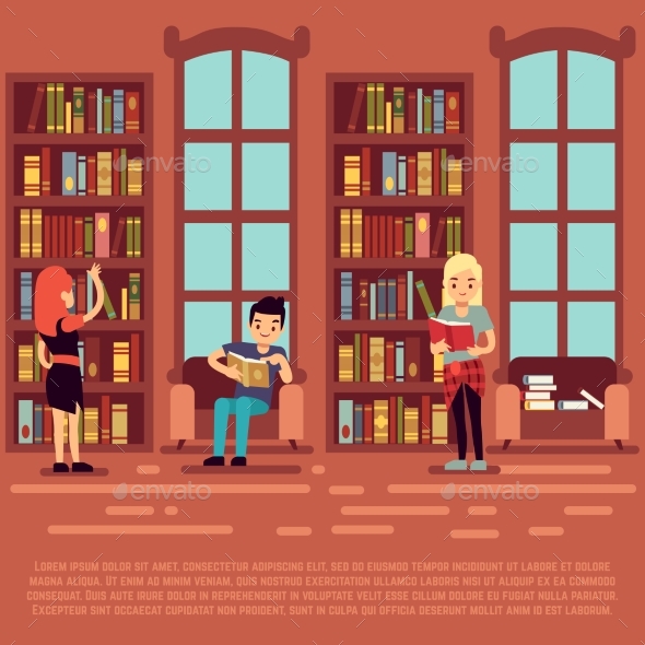Library Interior Concept - Teenagers and Students - Miscellaneous Vectors