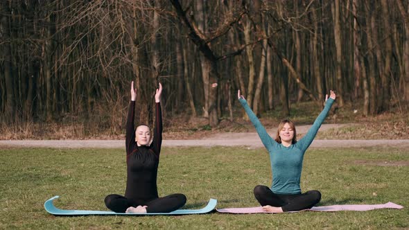 Sport Women Are Doing Morning Yoga Exercise Outside on Mats alt