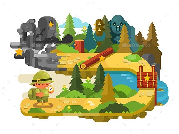Travelers Adventures on Forest Trail Flat Design - Landscapes Nature