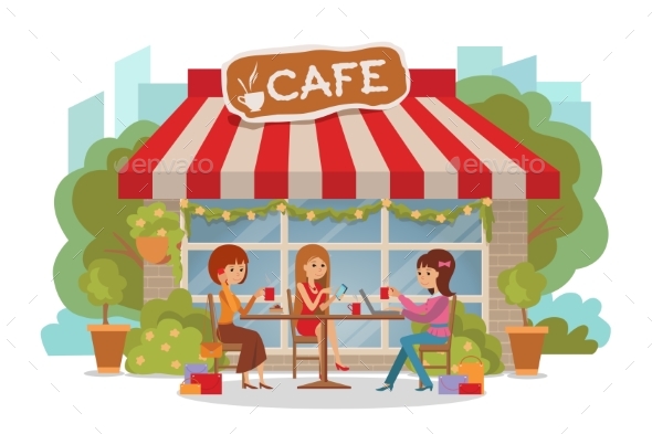 Three Women Talking at Coffee Shop - Technology Conceptual