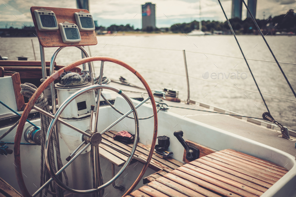 Steering wheel on a yacht - Stock Photo - Images