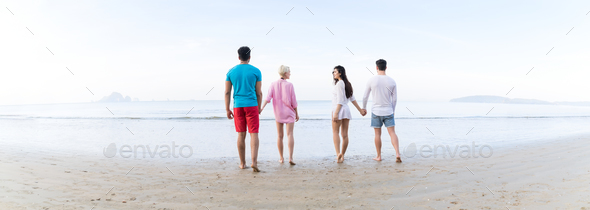 Young People Group On Beach Summer Vacation Friends Walking Seaside Back Rear View