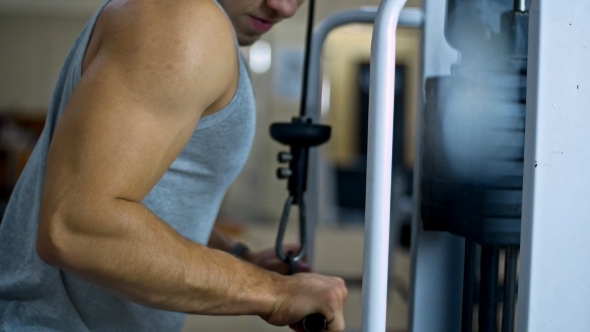 The Athlete Trains the Triceps Muscle on the Block in Gym
