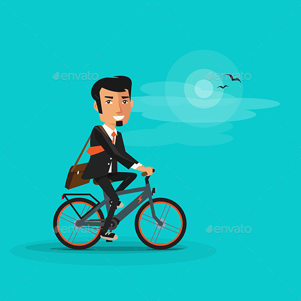 Smiling Businessman Riding an Electric Bicycle - People Characters