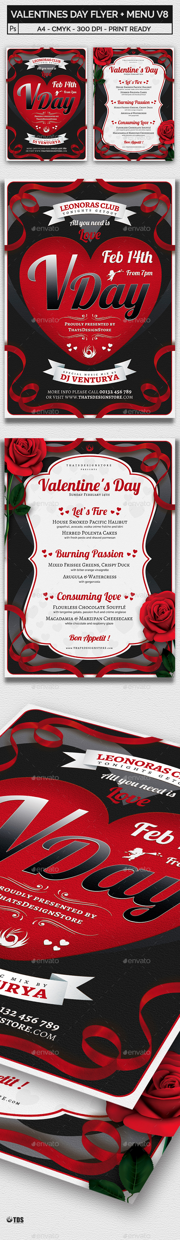 Valentines Day Flyer + Menu Bundle V8 - Holidays Events