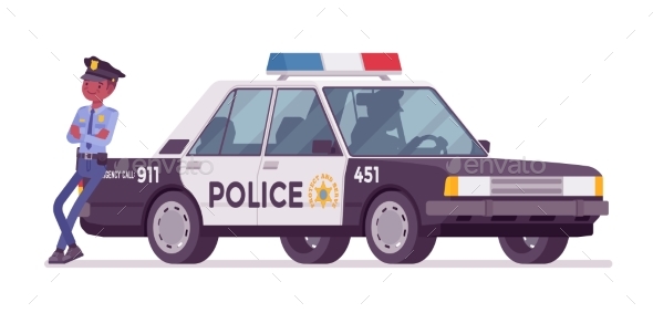 Policeman Near Patrol Car - People Characters