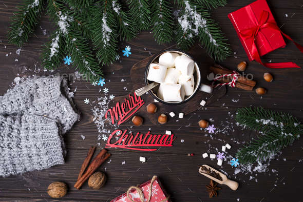Christmas tree branches with Christmas toys and cup of hot cocoa marshmallow - Stock Photo - Images