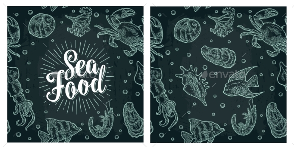Sea Food Lettering and Seamless Pattern Shell - Animals Characters