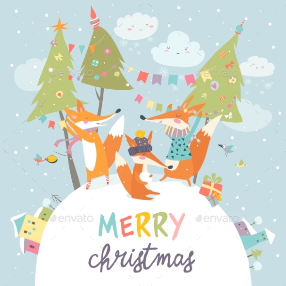 GraphicRiver Foxes Friends Celebrating Christmas 20869494 GraphicRiver Foxes Friends Celebrating Christmas 20869494