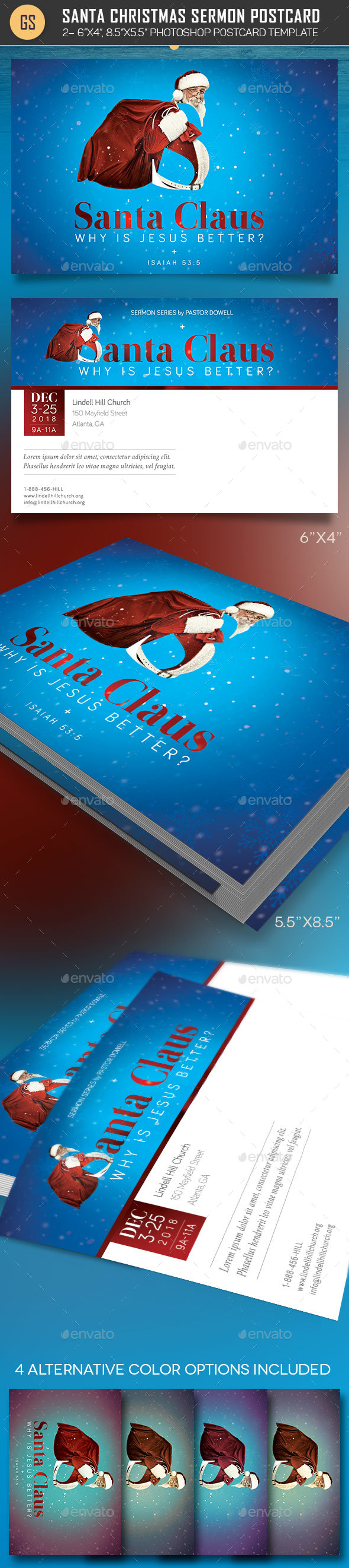 Santa Christmas Sermon Postcard Template - Church Flyers