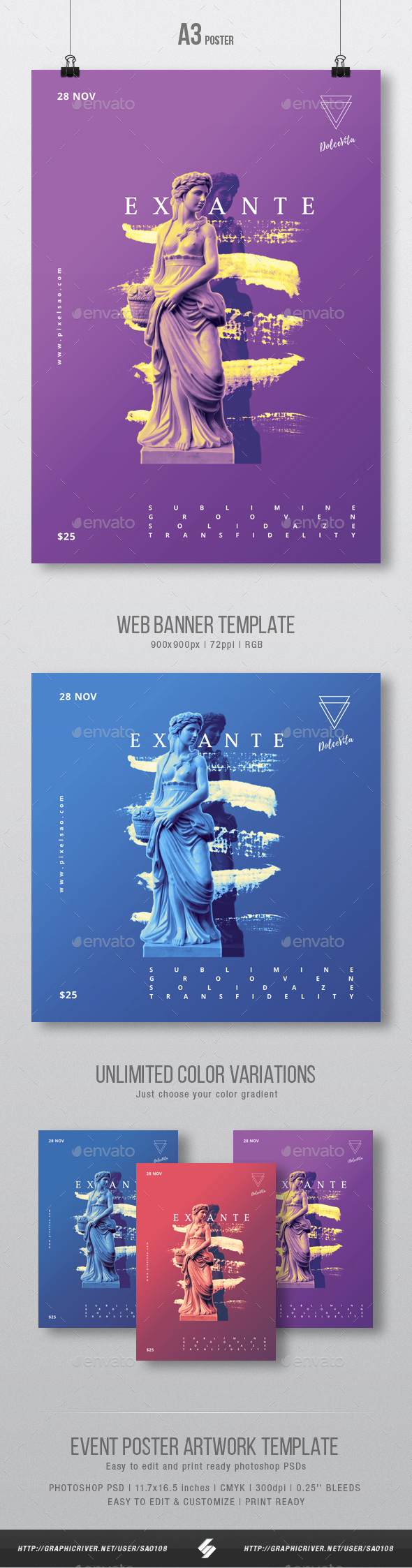 Ex Ante - Creative Party Flyer / Poster Artwork Template A3 - Clubs & Parties Events