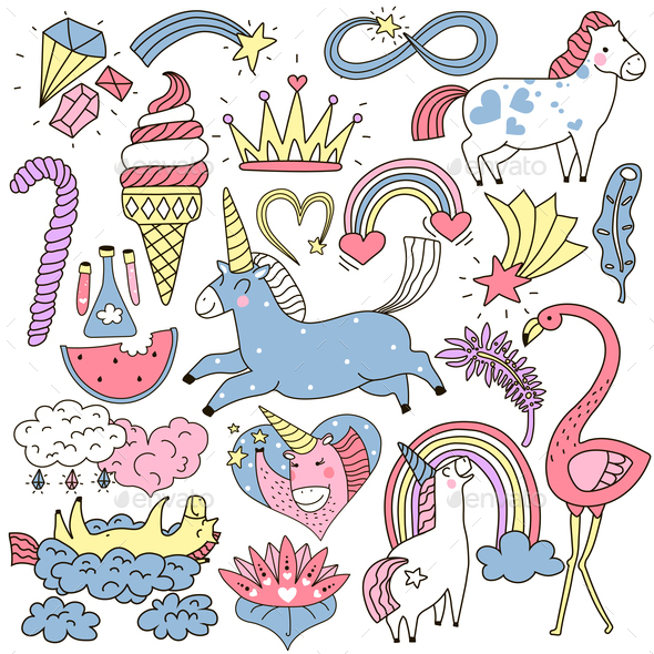 Unicorn Fairy Elements Doodle Set