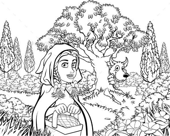 Fairytale Little Red Riding Hood Coloring Scene - Backgrounds Decorative