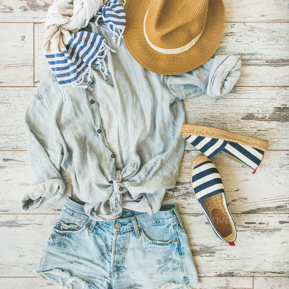 Summer outfit flatlay, parquet background, top view, square crop - Stock Photo - Images