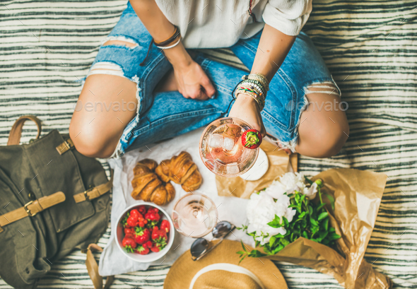 Outdoor gathering concept with rose wine and french snacks - Stock Photo - Images