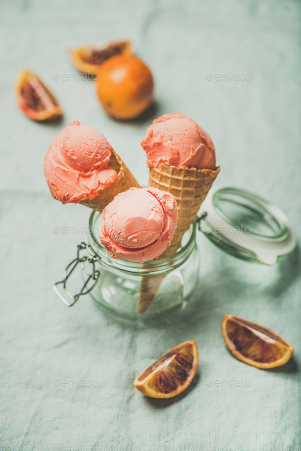 Refreshing summer blood orange ice cream and fresh fruits - Stock Photo - Images
