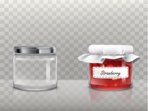 Set of Vector Illustrations of Glass Round Jars - Food Objects