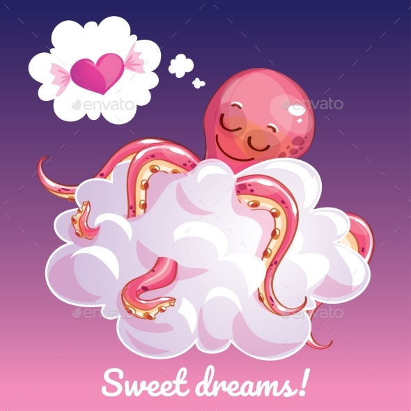 Greeting Card with a Cartoon Octopus on a Cloud - Animals Characters