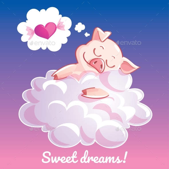 Greeting Card with a Cartoon Pig on a Cloud - Animals Characters