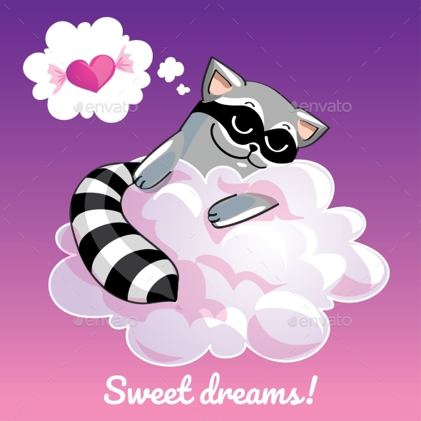 Greeting Card with a Cartoon Raccoon on a Cloud - Animals Characters