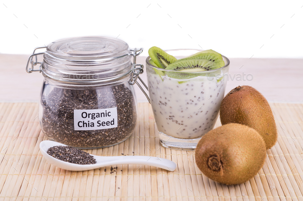 Chia seeds pudding with kiwi fruits, healthy nutritious anti-oxi