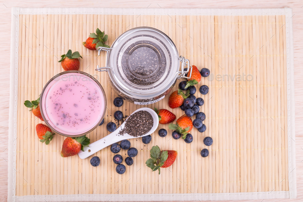 Chia seeds with fresh berries juice, healthy nutritious anti-oxi