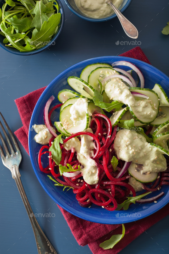 spiralized beet and cucumber salad with avocado dressing, health