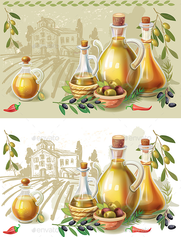 Bottles with Oive Oil in the Background of a Rural Landscape - Food Objects