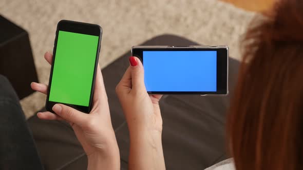 Using green and blue screen display smart phones at home by females 4K 2160p 30fps UHD footage