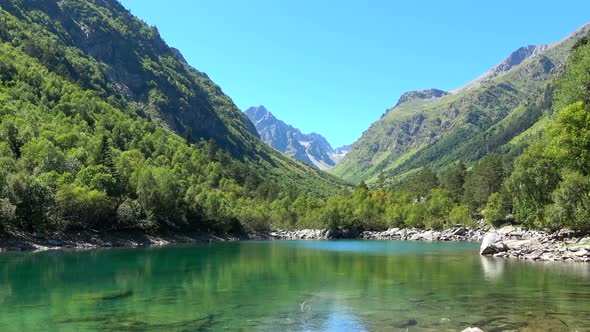 View lake scenes in mountains, national park Dombai, Caucasus